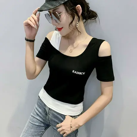性感露肩T恤女短袖夏装假两件拼色上衣洋气显瘦短款丅恤半袖ins潮商品大图