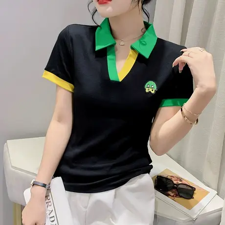 polo短袖女夏欧货设计感拼色t恤2024修身上衣洋气百搭显瘦小衫ins商品大图