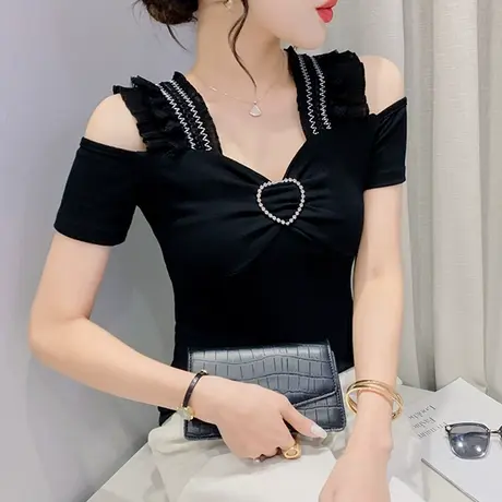 蕾丝拼接短袖上衣女2024夏装新款性感露肩一字领T恤洋气显瘦小衫图片