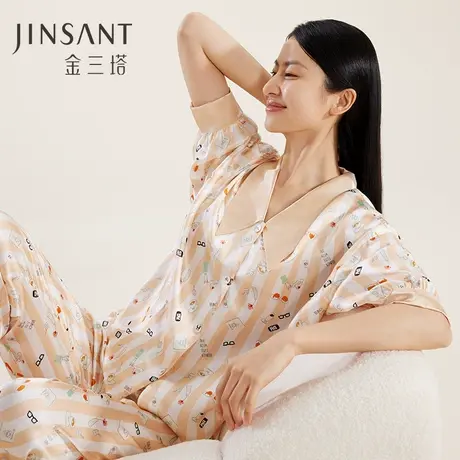 金三塔真丝睡衣女蝙蝠袖两件套100%桑蚕丝条纹印花家居服图片
