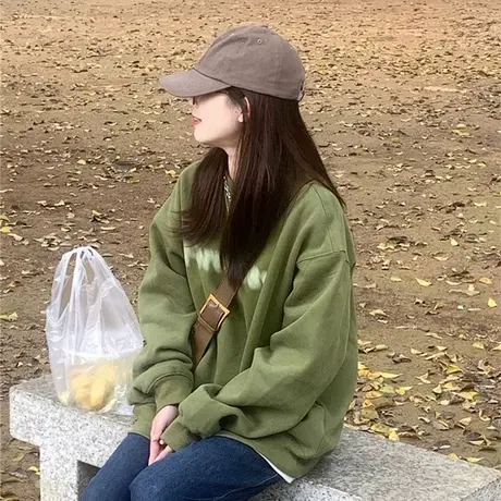美式复古圆领oversize绿色卫衣外套女秋冬冬2023新款宽松长袖上衣图片
