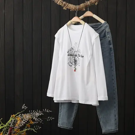 秋季2022新款文艺印花拼接棉质长袖T恤女宽松设计感小众圆领上衣商品大图