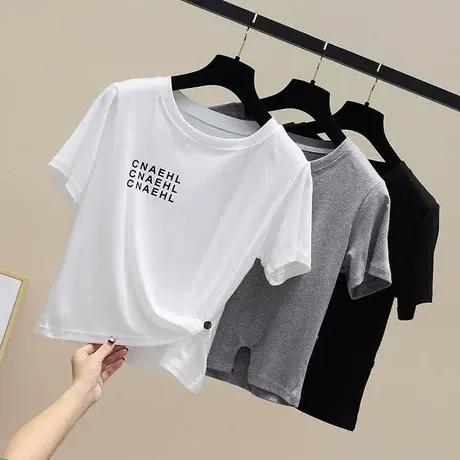 欧洲站2023夏季新款不规则开叉短款T恤女修身显瘦短袖打底衫上衣图片