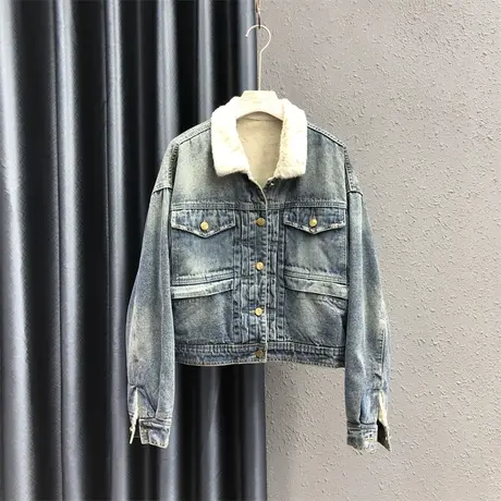 个性贴布上衣女23秋冬新款蓝色单排扣设计感宽松百搭加绒牛仔外套图片