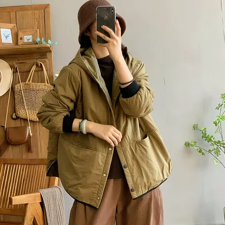 dza 复古短款宽松连帽棉衣外套女冬保暖棉服上衣休闲显瘦口袋棉袄图片
