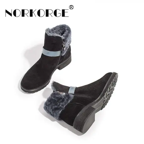 原创手工黑色雪地靴女鞋真皮圆头粗跟平底羊羔毛短靴女2023新款冬商品大图