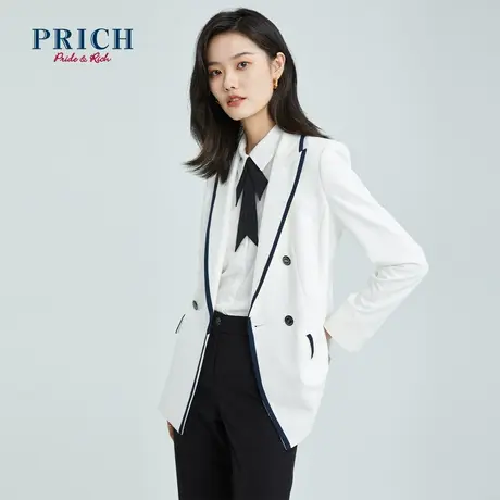 PRICH春秋新款气质收腰双排扣撞色职场西服外套女商品大图