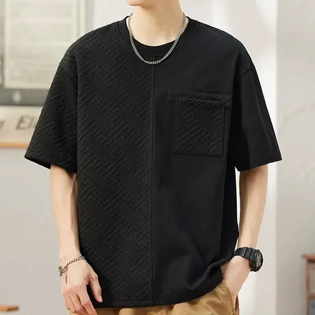 情侣装夏装男装圆领短袖男款夏季半截袖t恤男士提花体恤口袋上衣图片