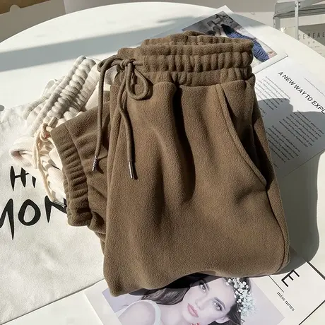 双面摇粒绒卫裤女冬季加绒加厚宽松外穿秋冬保暖休闲运动裤束脚裤图片