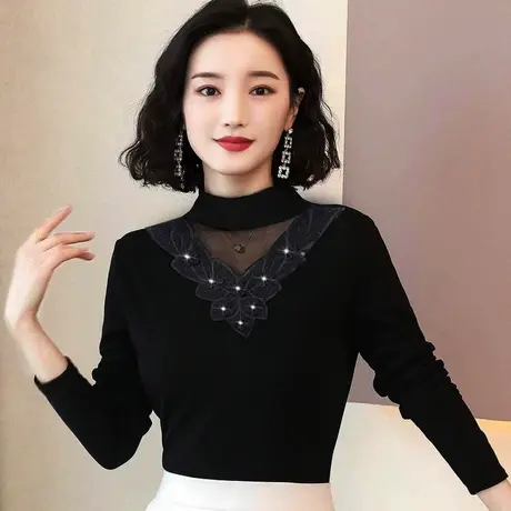 加绒加厚半高领蕾丝打底衫新款春秋时尚洋气小衫妈妈别致显瘦上衣图片