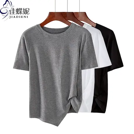 夏季新款韩版圆领宽松下摆扭结纯棉纯色短袖体恤上衣内搭女打底衫商品大图