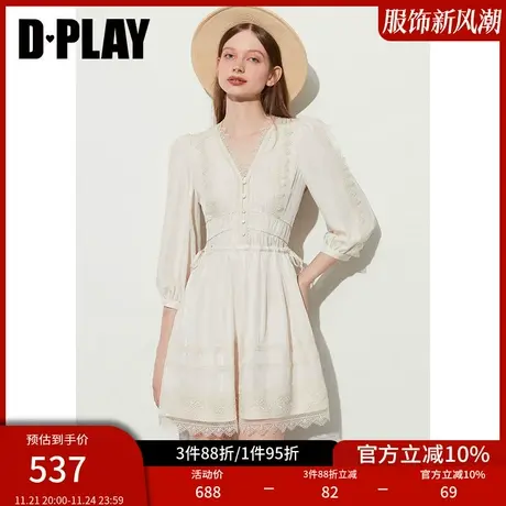DPLAY黑标秋季轻奢重工多种蕾丝花边拼接抽绳爱尔兰奶油杏连衣裙图片