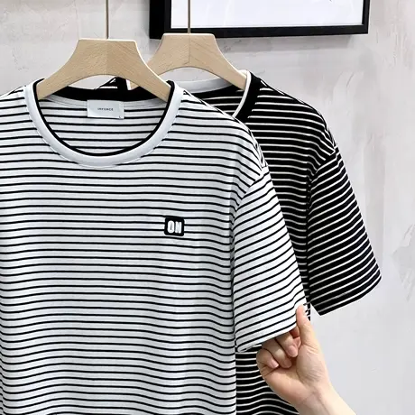 夏季条纹短袖T恤男潮牌个性时尚休闲宽松半袖海魂衫假两件体恤男商品大图