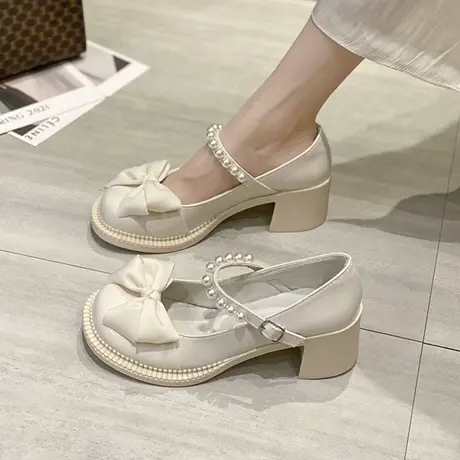 玛丽珍鞋女2023年夏季新款珍珠蝴蝶结粗跟防滑时尚百搭复古小皮鞋商品大图