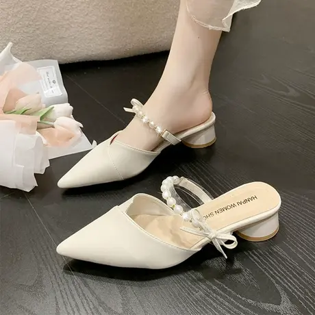 凉拖女外穿2023年夏季新款尖头法式时尚中高跟单鞋粗跟包头半拖鞋商品大图