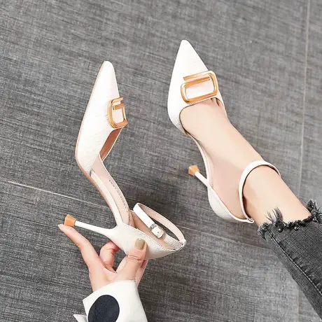 凉鞋女2024年新款春季法式中空少女细跟网红尖头一字带职业高跟鞋商品大图