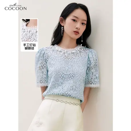 miss COCOON镂空设计感蕾丝雪纺衫女装2023夏季新款圆领气质上衣商品大图