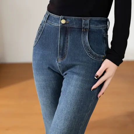 加绒牛仔裤女秋冬款直筒喇叭裤2023年新款女士微喇裤女士女裤加厚商品大图