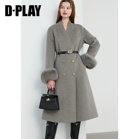 DPLAY【15双面羊绒大衣】灰色大衣狐狸毛呢子大衣高级感外套女商品大图