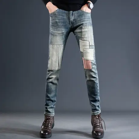 香港高端复古拼接补丁牛仔裤男秋冬款修身小脚潮流潮牌痞帅男裤子商品大图