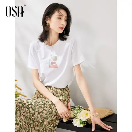 OSA欧莎 简约白色正肩短袖T恤女夏季2023年新款薄款百搭体恤上衣商品大图