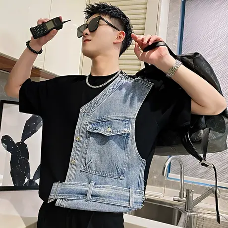 男士牛仔拼接T恤潮牌短袖夏季设计感男装半袖2023新款ins夏装个性商品大图