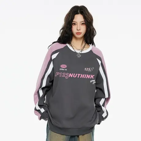 Nuthink美式套头撞色保暖加绒卫衣男潮秋冬季国潮加厚打底衫上衣商品大图