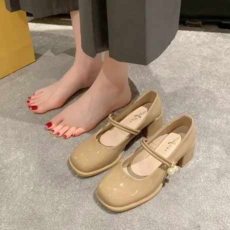 法式玛丽珍鞋女2023年秋冬季新款时尚方头浅口单鞋气质粗跟小皮鞋商品大图