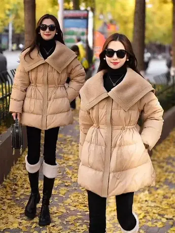 欧货大翻领收腰羽绒服女2023年冬季新款韩版显瘦中长款白鸭绒外套图片