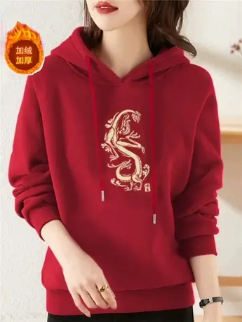 本命年红色加绒卫衣女2024年新款爆款秋冬宽松连帽欧货女士外套商品大图