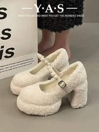 网红法式白色粗跟玛丽珍高跟鞋女秋冬2023新款小个子加绒毛毛鞋子商品大图