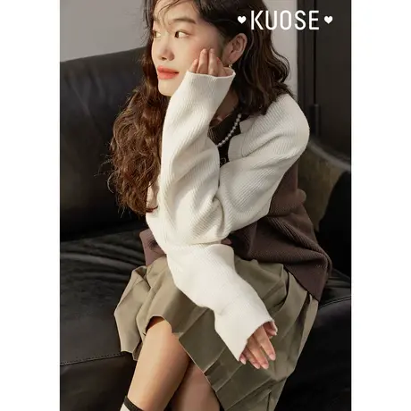 阔色美式复古棕色插肩袖毛衣女2023秋冬新款刺绣图案针织衫图片