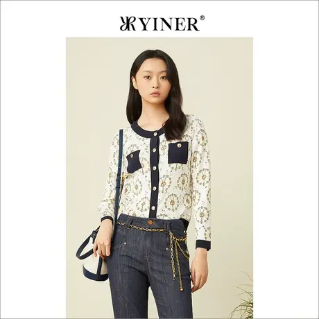 YINER音儿女装2022夏季时尚印花撞色圆领针织开衫图片