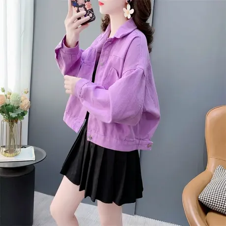 超火短款紫色牛仔外套女春季2024新款宽松小个子百搭工装夹克上衣商品大图