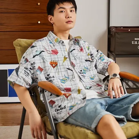 唐狮春夏季短袖格子衬衫男日系薄衬衣宽松半袖黑色男士衬衫外套潮图片