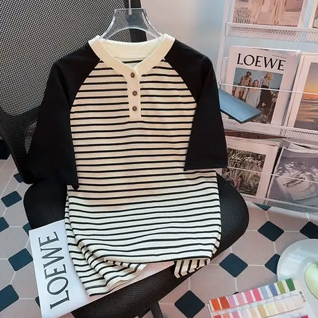 设计感条纹插肩短袖t恤女夏季2023新款美式复古宽松小众潮牌上衣商品大图