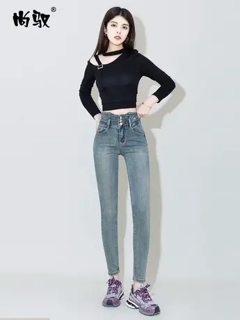 尚驭蓝色弹力高腰牛仔小脚裤2024年春季新款做旧磨白铅笔裤韩版女商品大图