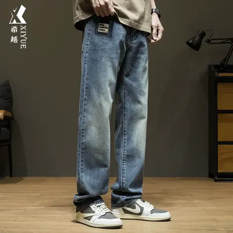 希越猫须磨白直筒牛仔裤男2024春季新款宽松大码美式复古休闲长裤商品大图