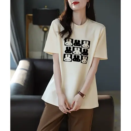 宝诗黎时尚圆领印花棉质短袖T恤女休闲百搭2024春季新款打底上衣商品大图