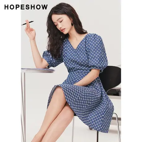 红袖outlets提花套头连衣裙hopeshow2023夏款V领泡泡袖收腰裙子商品大图