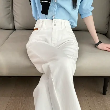米白色直筒牛仔裤女春秋新款高腰宽松显瘦九分小个子法棍烟管裤子图片