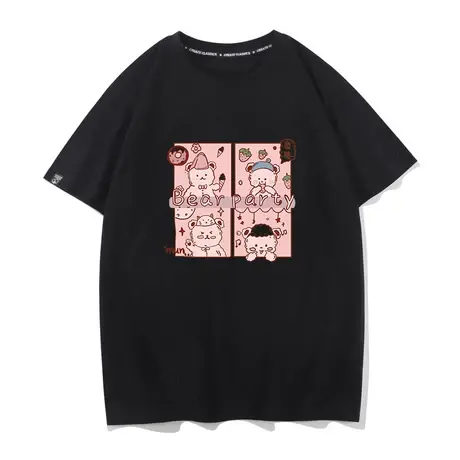 纯棉短袖t恤女宽松休闲2022潮流新款草莓小熊卡通宽松上衣闺蜜装商品大图