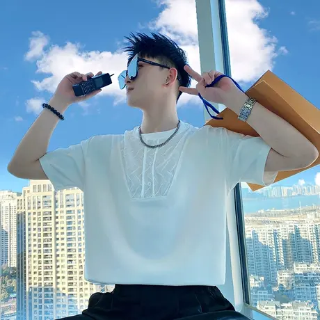 短袖T恤男夏季百搭时尚拼接半袖男装上衣轻熟重磅潮流体恤半截袖图片