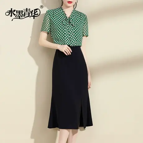 水墨青华2024时尚飘带领乔其印花拼接连衣裙新款夏装假两件套裙图片