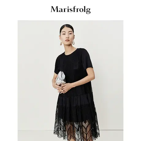 【商场同款】玛丝菲尔夏新款名媛黑色蕾丝流苏礼服连衣裙商品大图