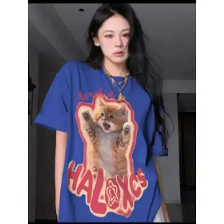 小众潮牌设计感蓝色纯棉短袖T恤女2024新款夏季大码宽松半袖上衣商品大图