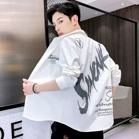 秋季长袖衬衫外套男潮牌个性印花2022新款韩版时尚痞帅气休闲衬衣商品大图
