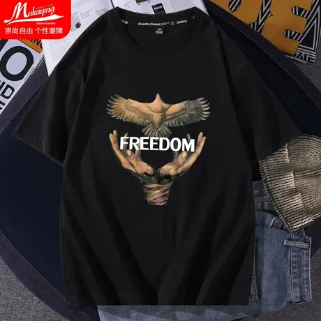 黑色潮牌ins欧美高街复古短袖卫衣男夏季纯棉圆领内搭青少年半袖图片