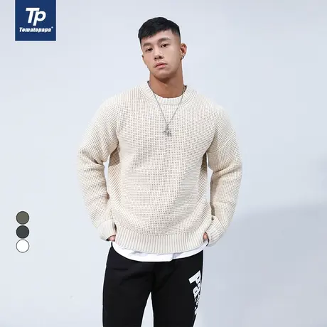 TOMATOPAPA秋冬原创新款华夫格保暖针织衫圆领套头毛衣纯色上衣商品大图
