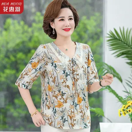 中年妈妈夏装雪纺衫中老年女装夏季衣服短袖纯棉t恤上衣洋气小衫商品大图